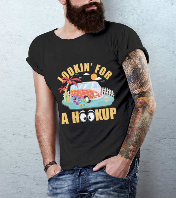 Lookin' For A Hookup Camper Van Beach Scene With Palm Tree And Sun T-Shirt