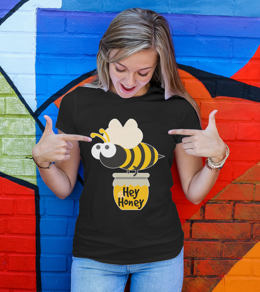 Hey Honey Fun Bee Yellow Striped Cartoon Bee On Honey Jar T-Shirt