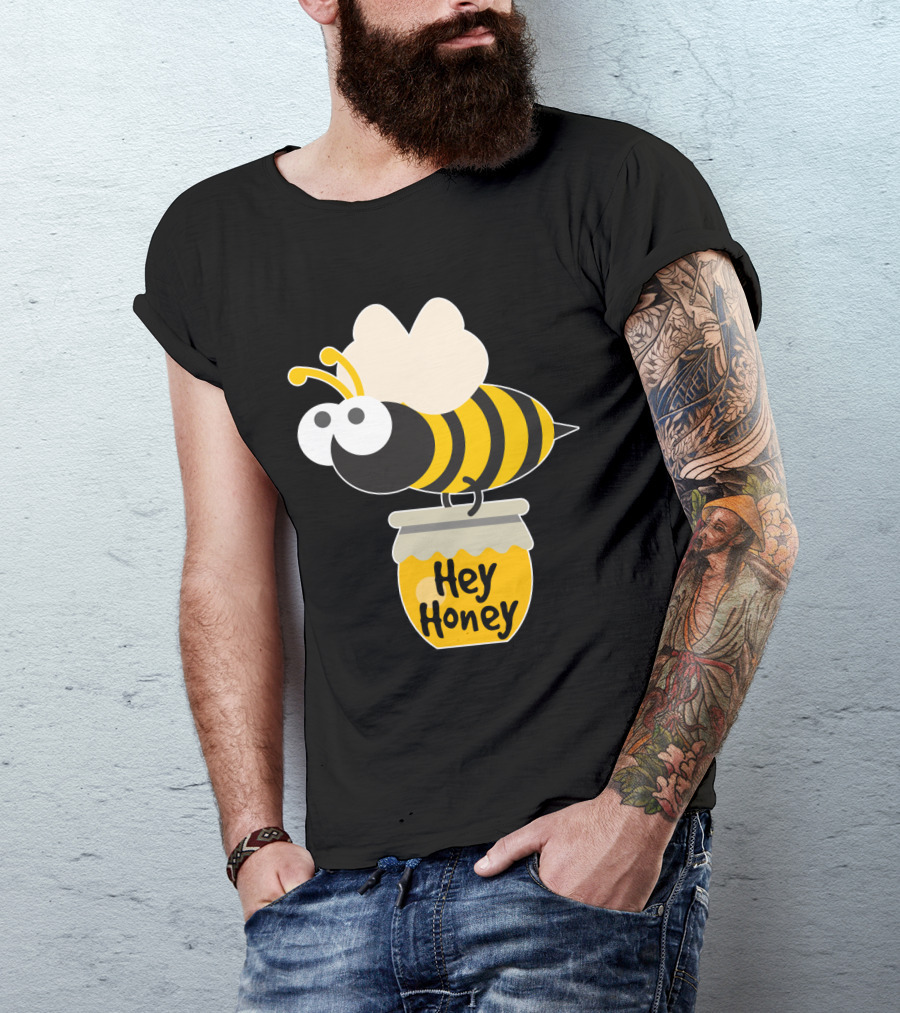 Hey Honey Fun Bee Yellow Striped Cartoon Bee On Honey Jar T-Shirt