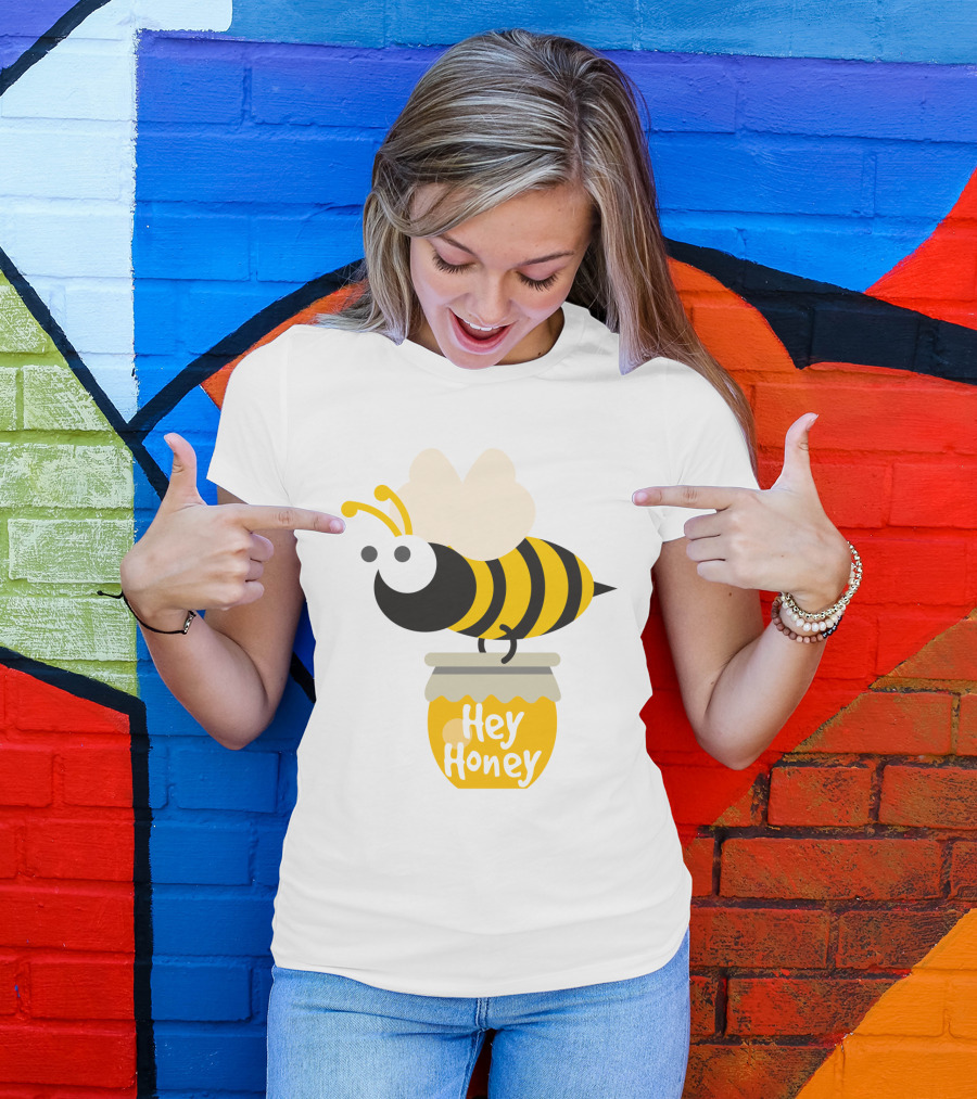 Hey Honey Fun Bee Yellow Striped Cartoon Bee On Honey Jar T-Shirt