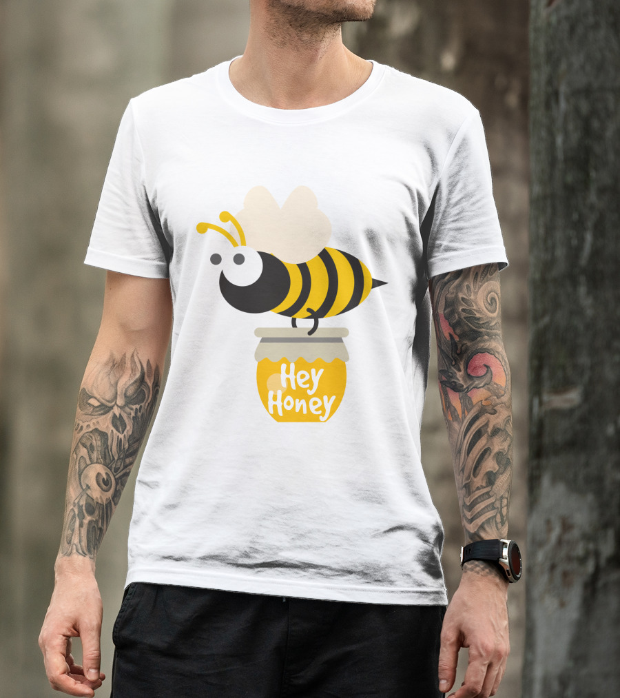 Hey Honey Fun Bee Yellow Striped Cartoon Bee On Honey Jar T-Shirt