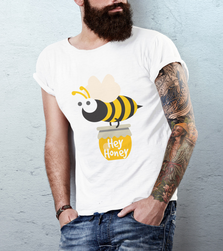 Hey Honey Fun Bee Yellow Striped Cartoon Bee On Honey Jar T-Shirt