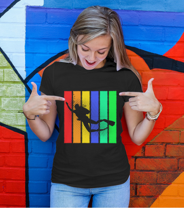 Retro Snorkeling Diver Silhouette Rainbow Stripes T-Shirt