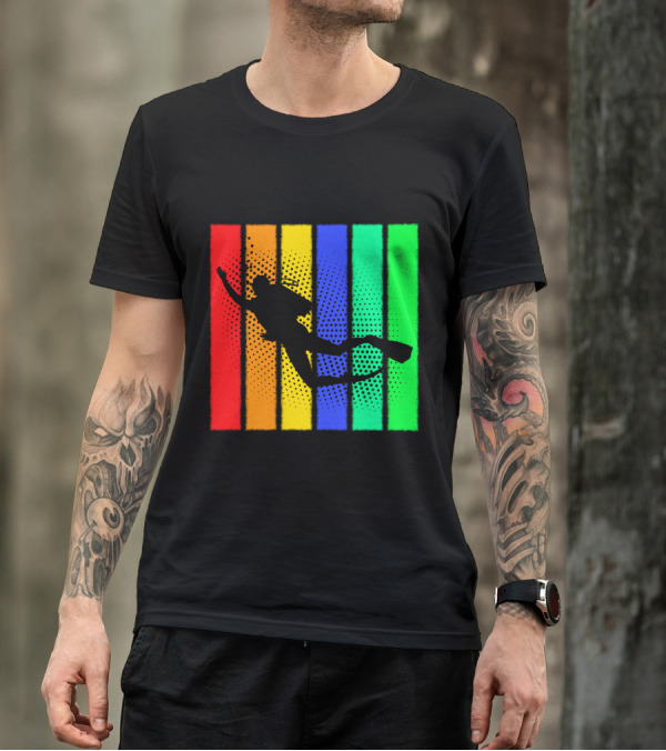 Retro Snorkeling Diver Silhouette Rainbow Stripes T-Shirt