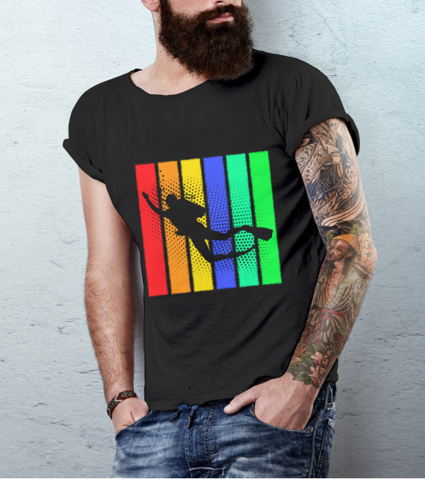 Retro Snorkeling Diver Silhouette Rainbow Stripes T-Shirt