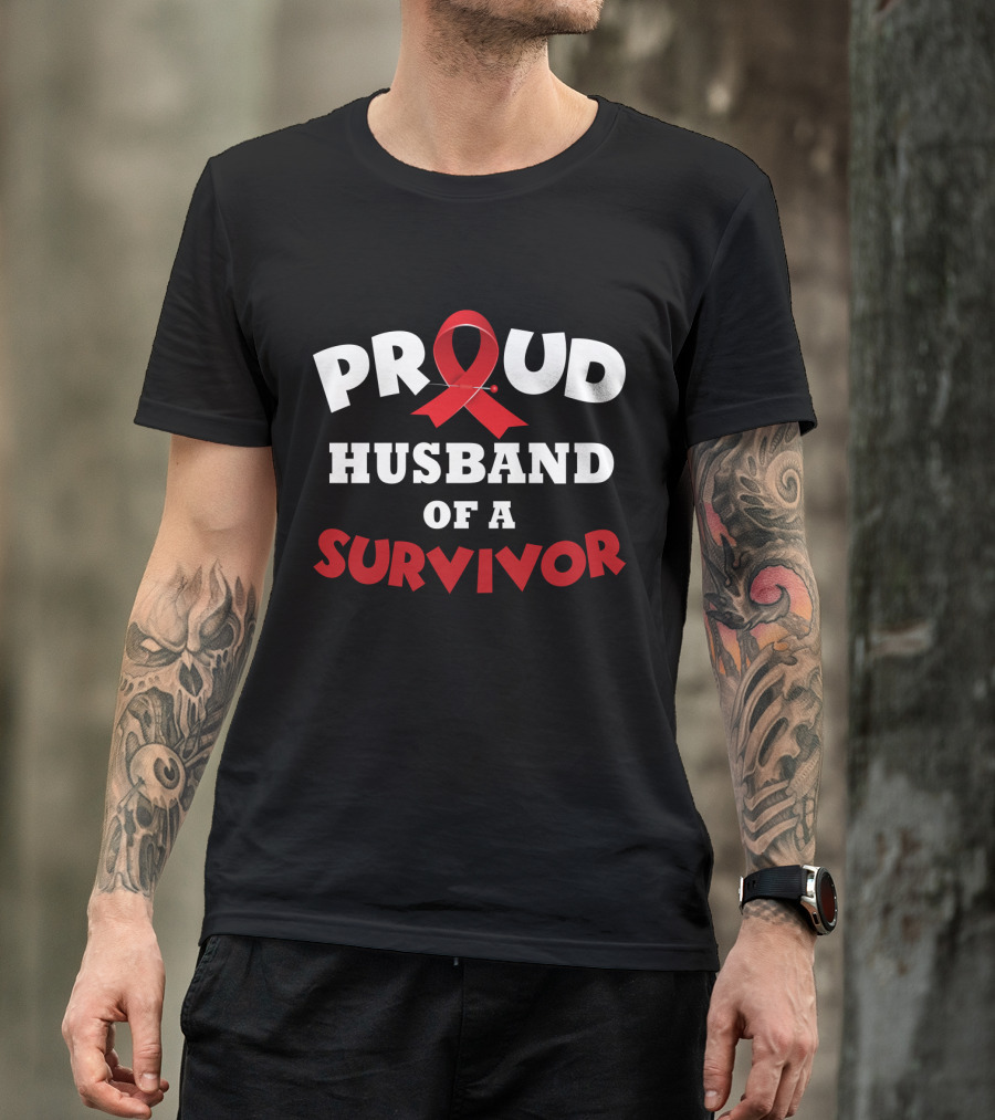 Proud Husband Of A Survivor Red Ribbon Awareness T-Shirt