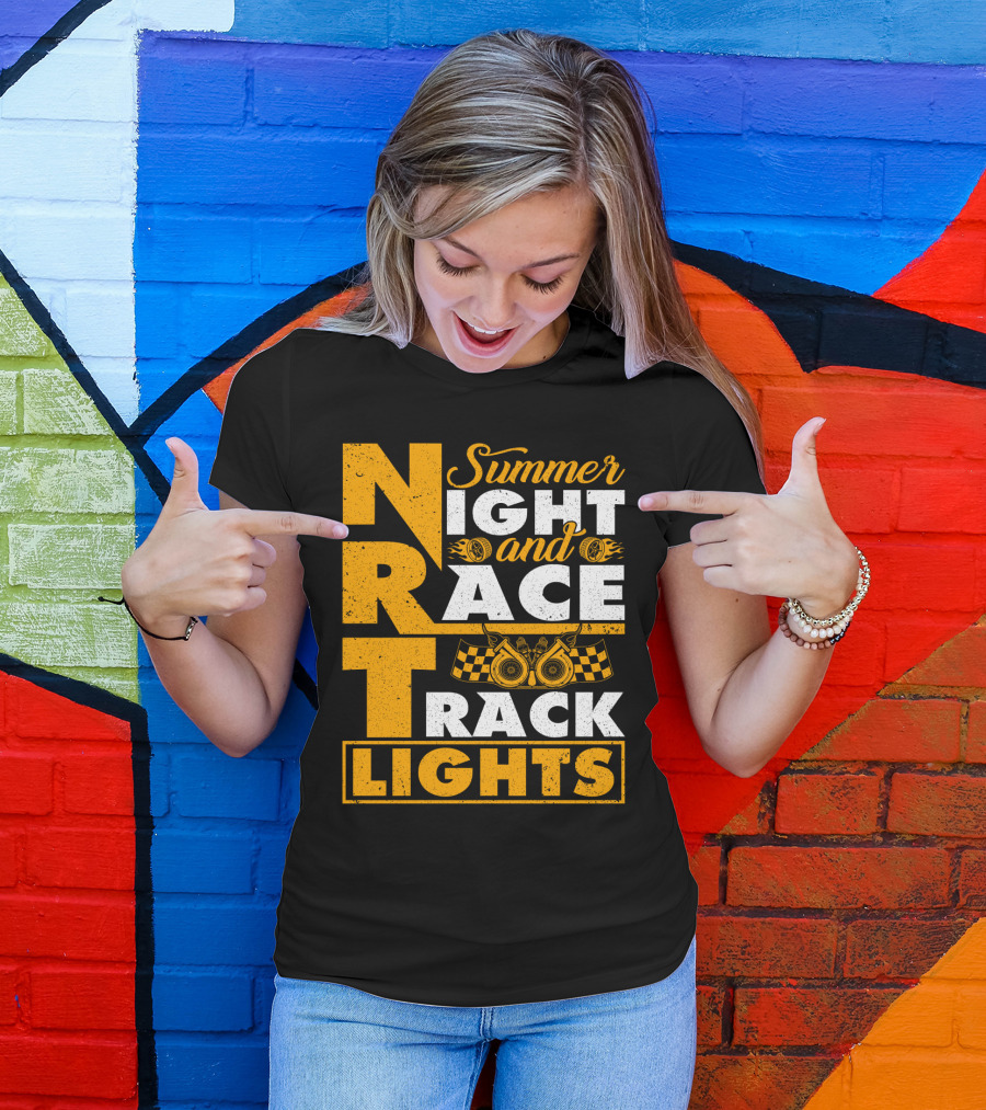 Summer Night And Race Track Lights With Engine And Checkered Flags T-Shirt