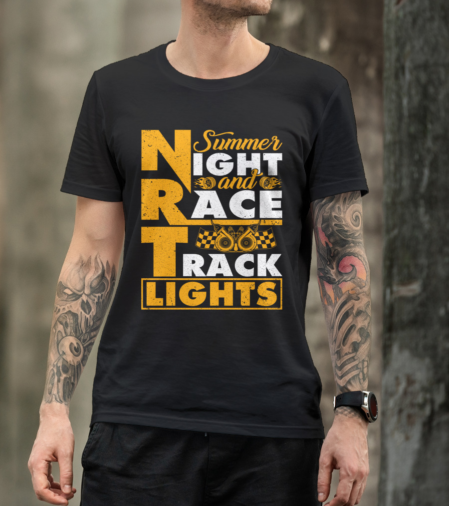 Summer Night And Race Track Lights With Engine And Checkered Flags T-Shirt