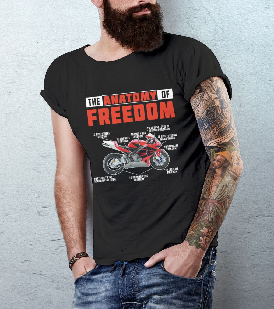 The Anatomy Of Freedom Motorcycle Components: To Give, Produce, Fuel, Adjust, Stabilize, Indicate, Ground, Listen, Vision T-Shirt