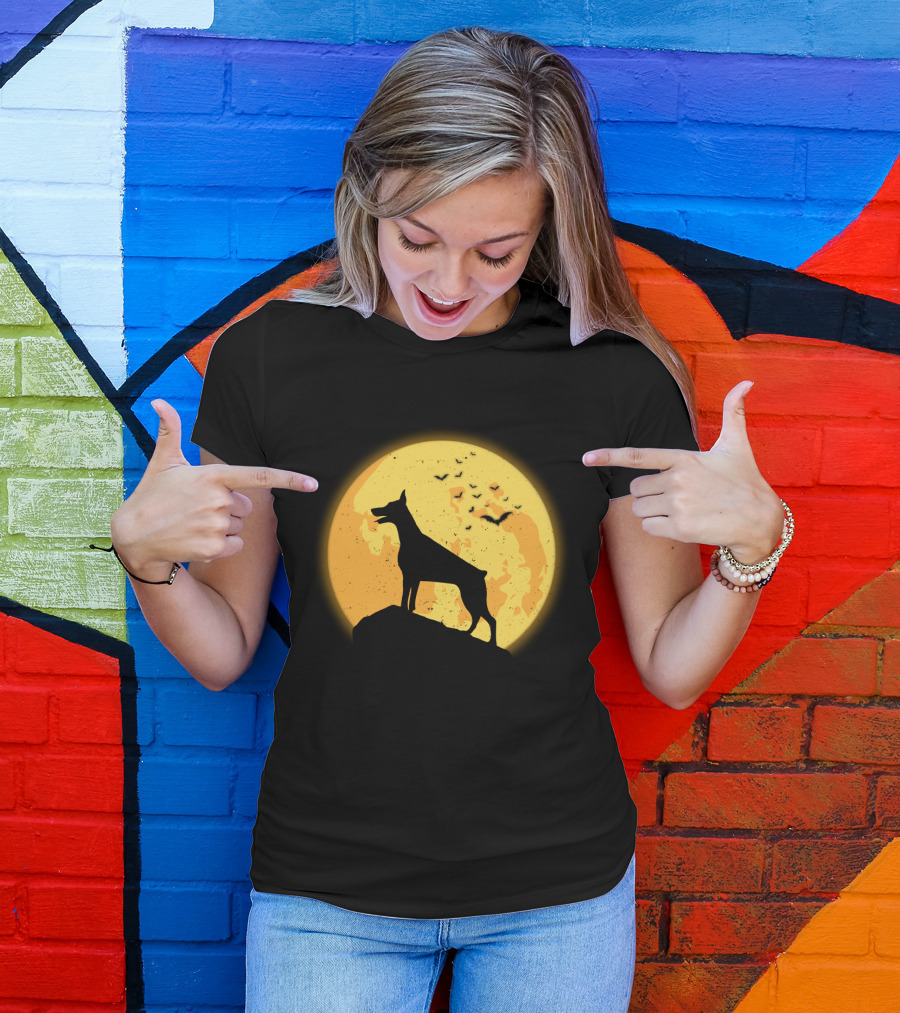 DOBERMAN Dog Silhouette Against Orange Moon Night Scene T-Shirt