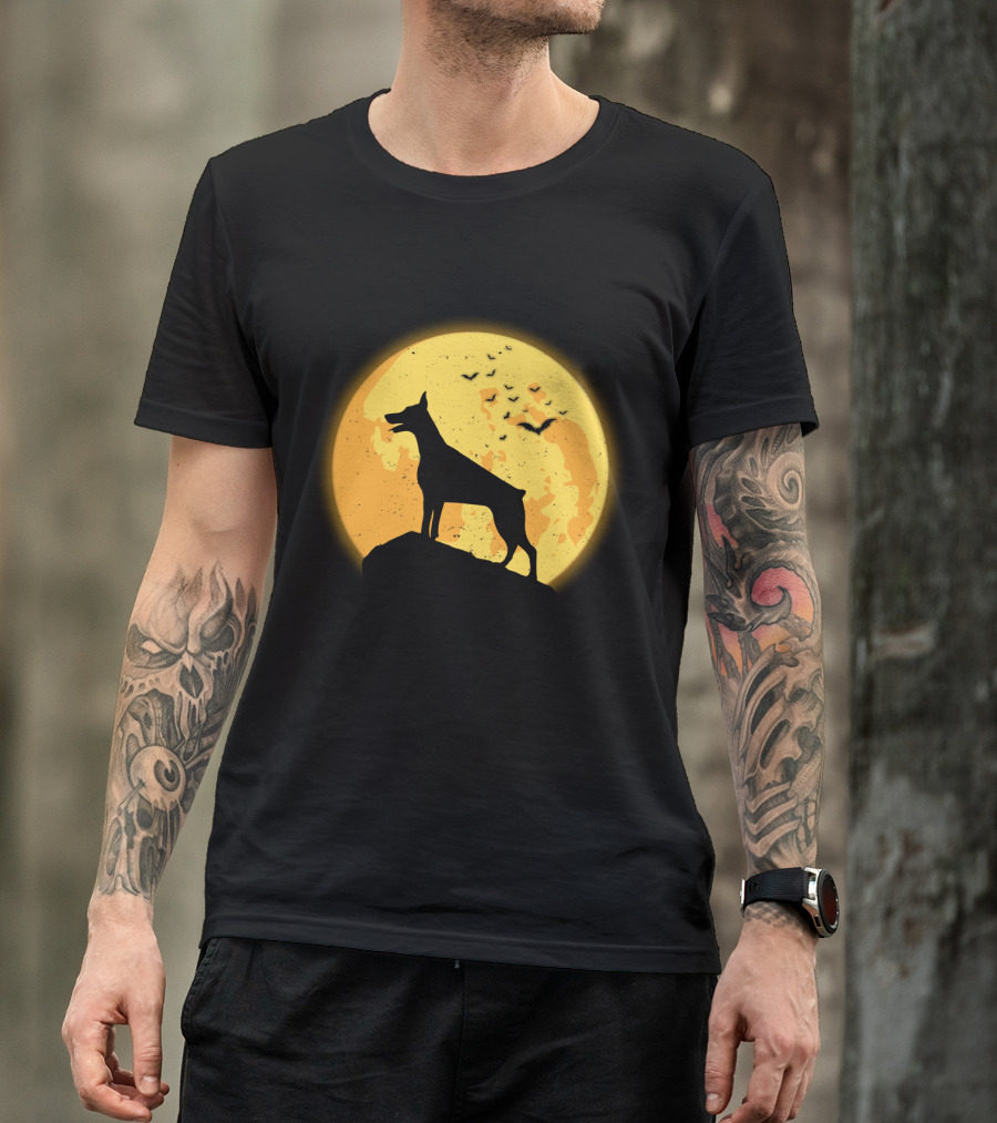 DOBERMAN Dog Silhouette Against Orange Moon Night Scene T-Shirt