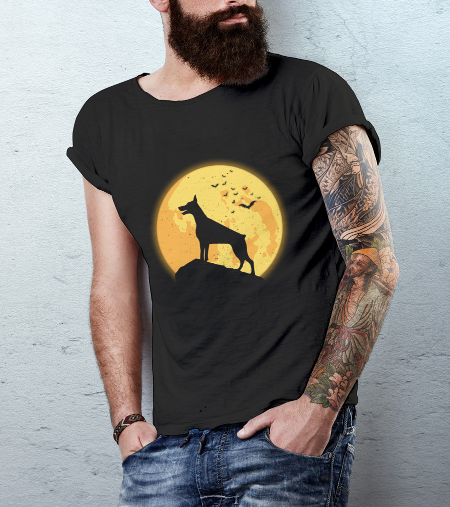 DOBERMAN Dog Silhouette Against Orange Moon Night Scene T-Shirt