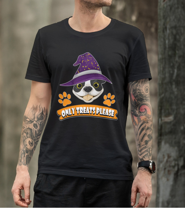Boston Terrier Only Treats Please Wizard Hat And Paw Prints T-Shirt