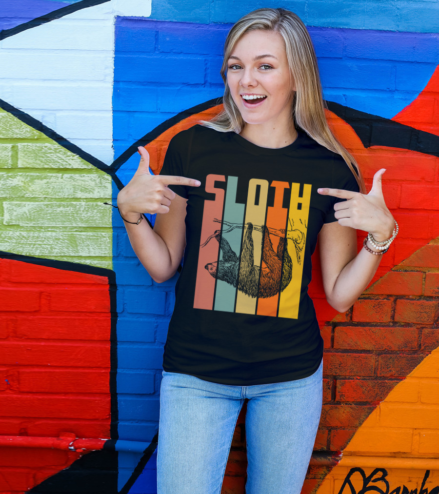 SLOTH Vintage Retro Hanging Branch Stripes T-Shirt