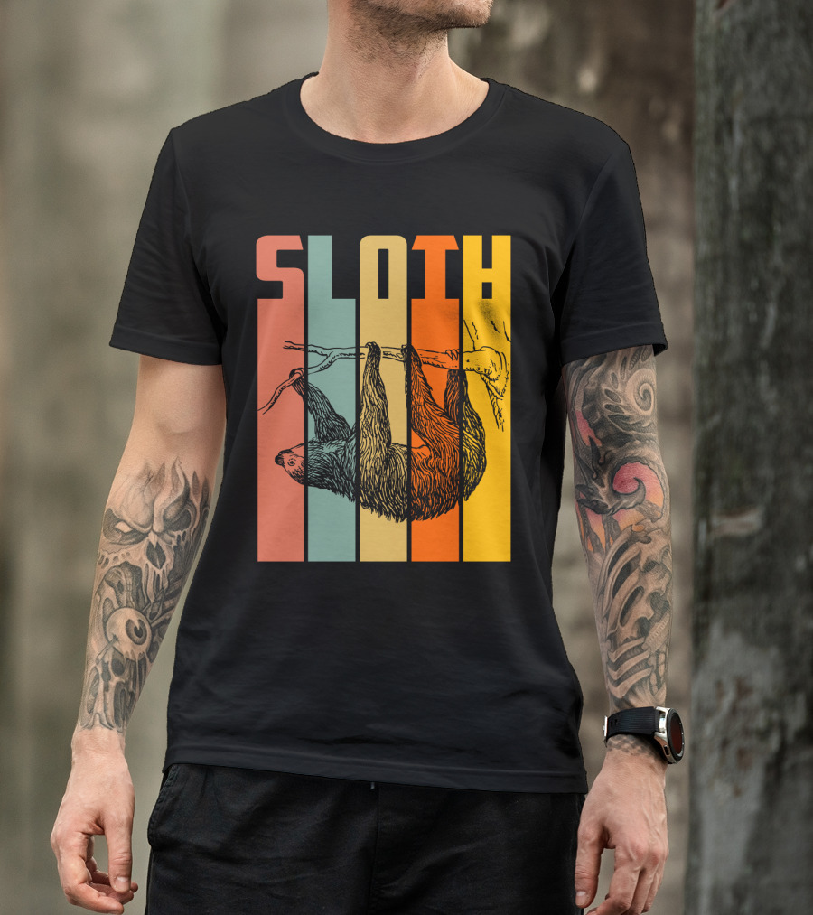 SLOTH Vintage Retro Hanging Branch Stripes T-Shirt
