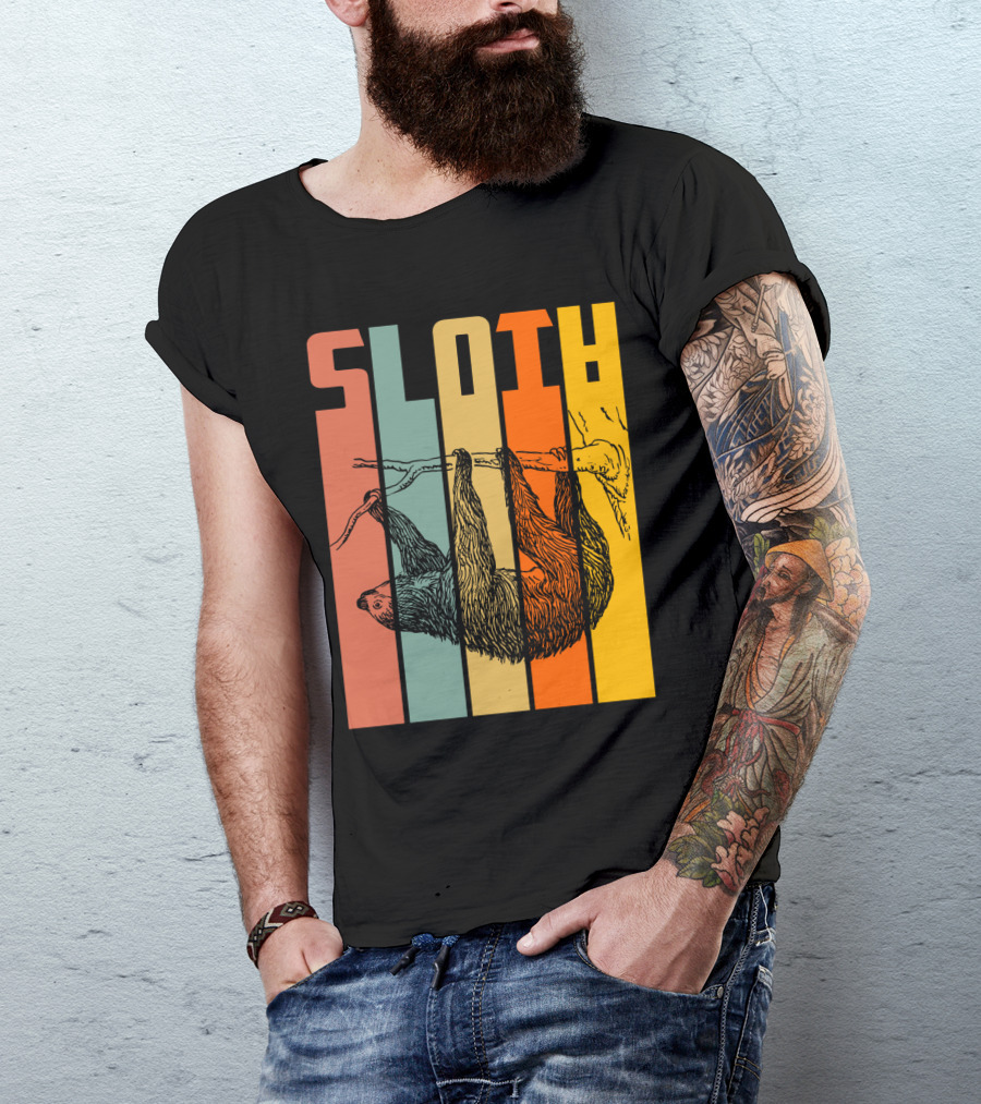 SLOTH Vintage Retro Hanging Branch Stripes T-Shirt