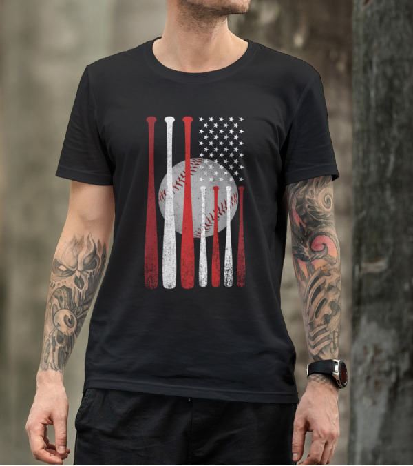 Vintage American Flag Baseball Bats And Ball Stars T-Shirt