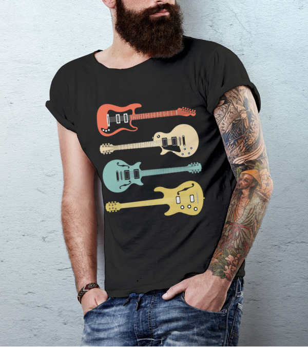 Vintage Bass Guitar Colorful Electric Guitars Collection T-Shirt