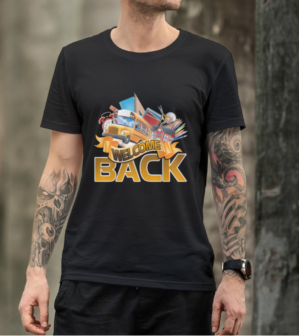 Welcome Back School Bus Books Pencils Scissors School Building Clock T-Shirt