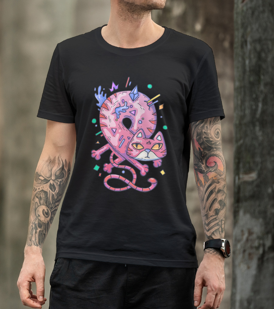 Pink Donut Cat Twisted Into Loop With Colorful Elements T-Shirt