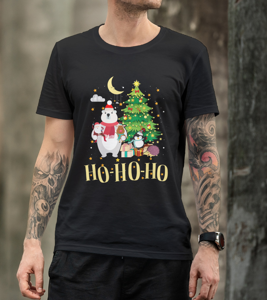 HO HO HO Christmas Dreams Polar Bear Santa Penguin Tree T-Shirt