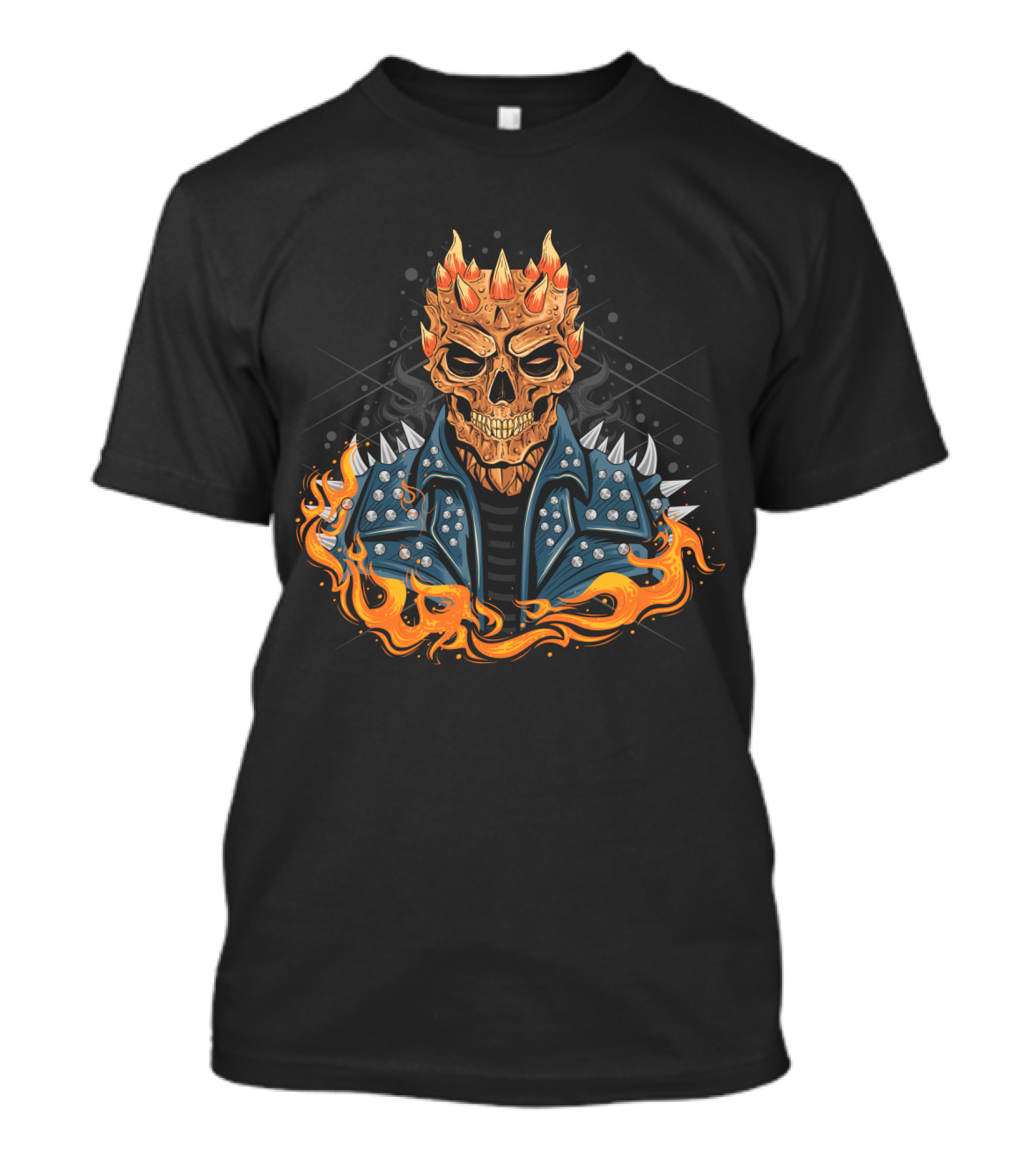 Skull Punk Head Fiery Jacket Flames Spikes T-Shirt