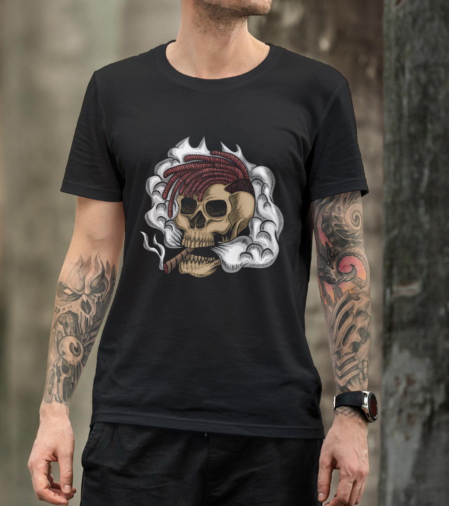 Skull Smoke Cigar With Red Braided Hair And White Smoke Plumes T-Shirt
