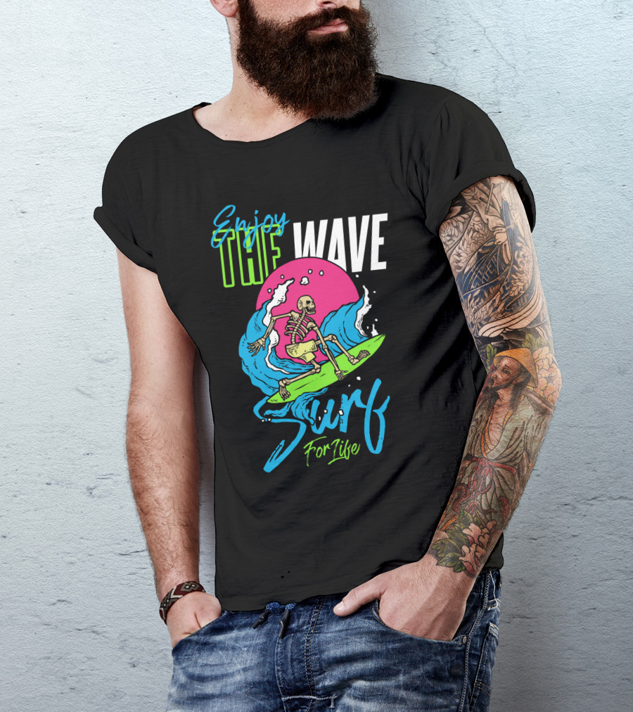 Enjoy The Wave Surf For Life Skull Surfing Summer T-Shirt