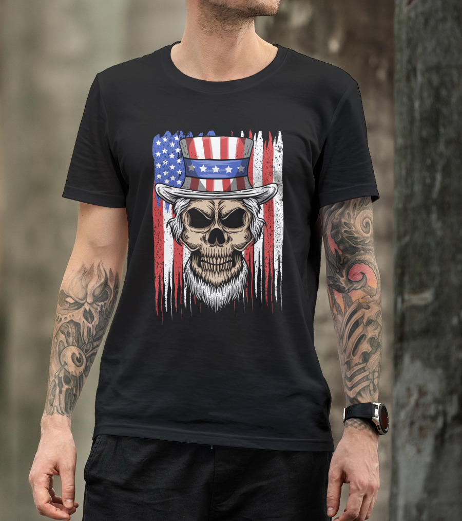 Skull Uncle Sam American Flag Hat T-Shirt