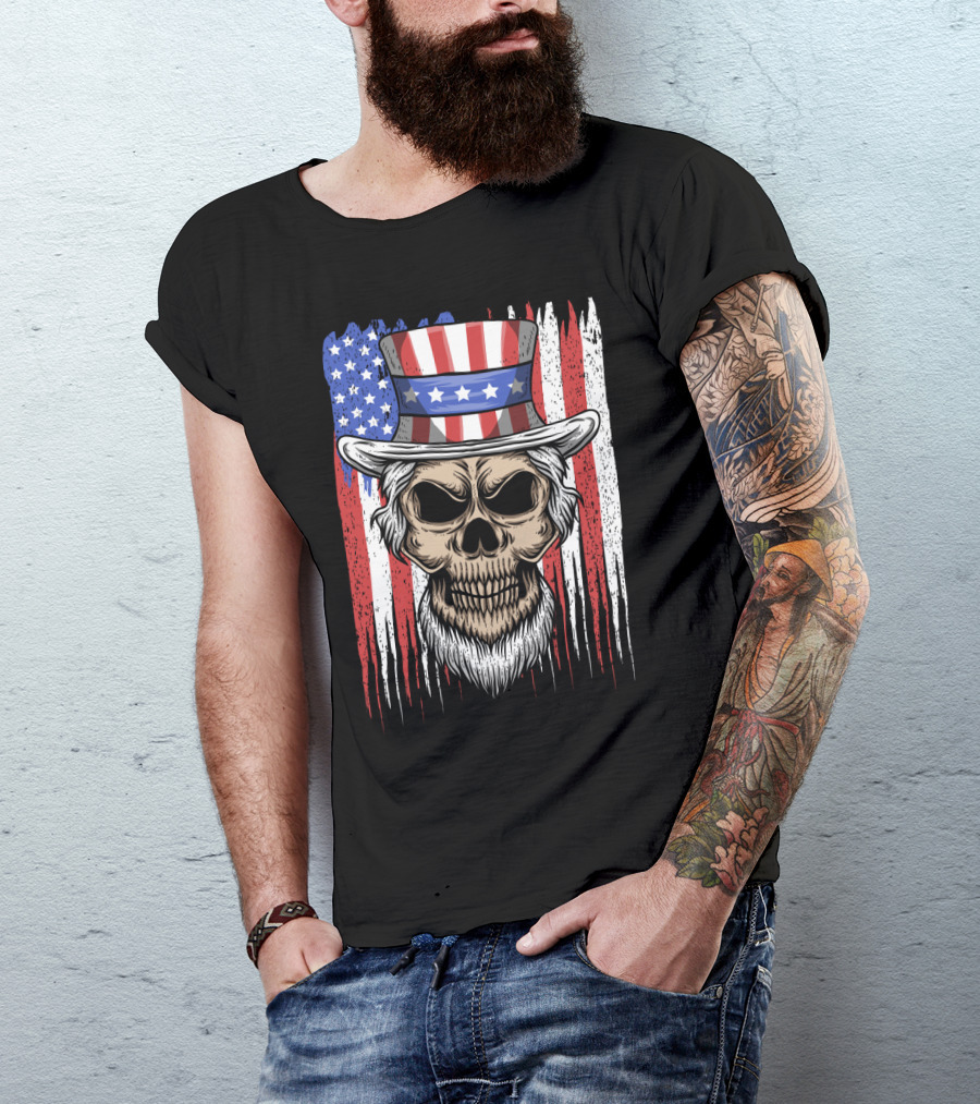 Skull Uncle Sam American Flag Hat T-Shirt