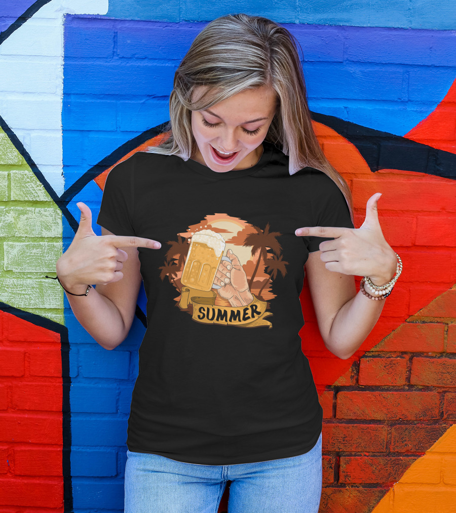 Summer Beach Beer Cheers At Sunset Palm Landscape T-Shirt