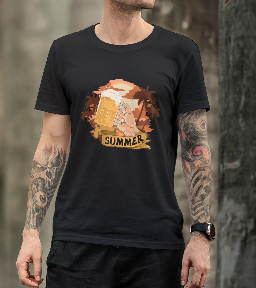 Summer Beach Beer Cheers At Sunset Palm Landscape T-Shirt