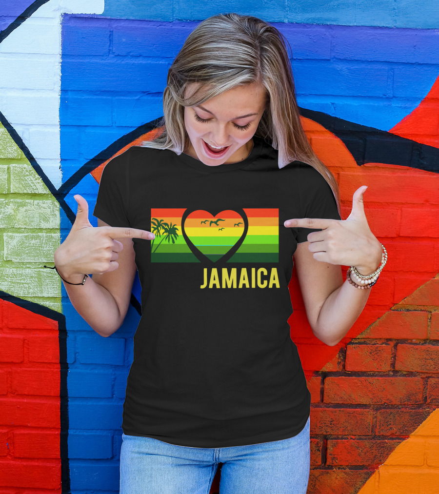 Jamaica Heart Rasta Reggae Sunset With Palm Trees And Birds T-Shirt