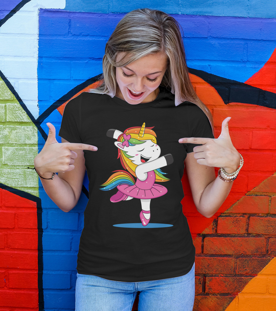 Unicorn Ballet Rainbow Dancer With Pink Tutu And Flower Bow T-Shirt