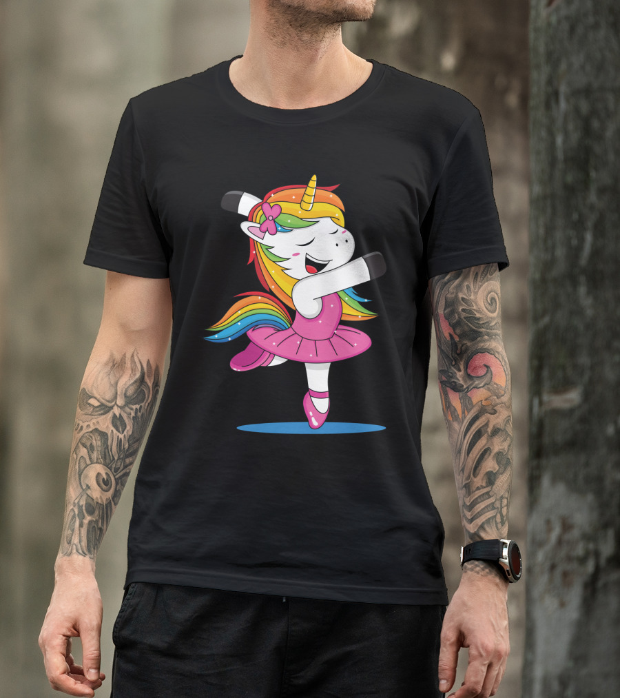 Unicorn Ballet Rainbow Dancer With Pink Tutu And Flower Bow T-Shirt