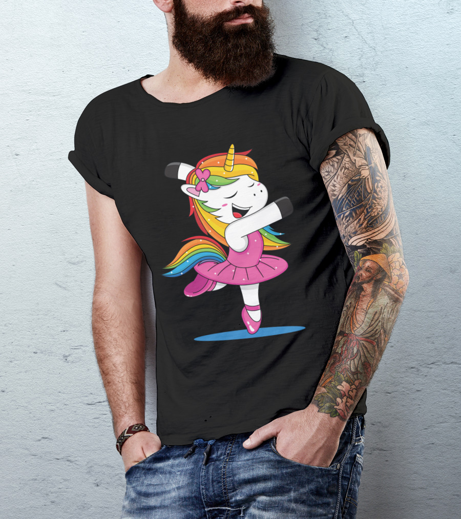 Unicorn Ballet Rainbow Dancer With Pink Tutu And Flower Bow T-Shirt