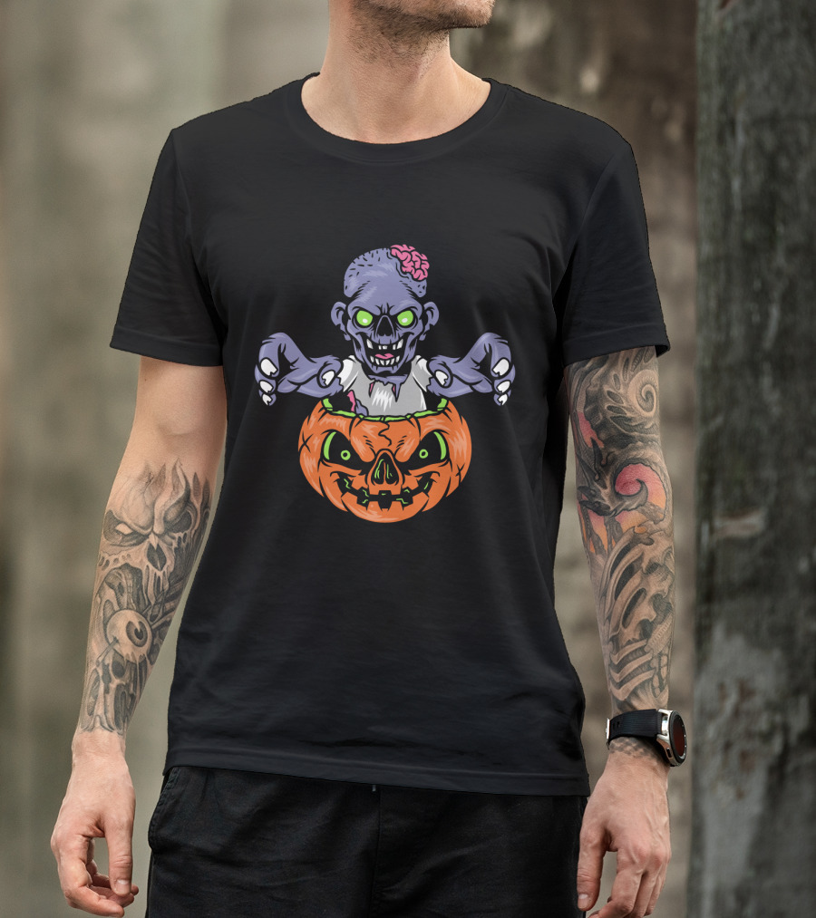 Zombie In Pumpkin With Glowing Eyes And Brain T-Shirt