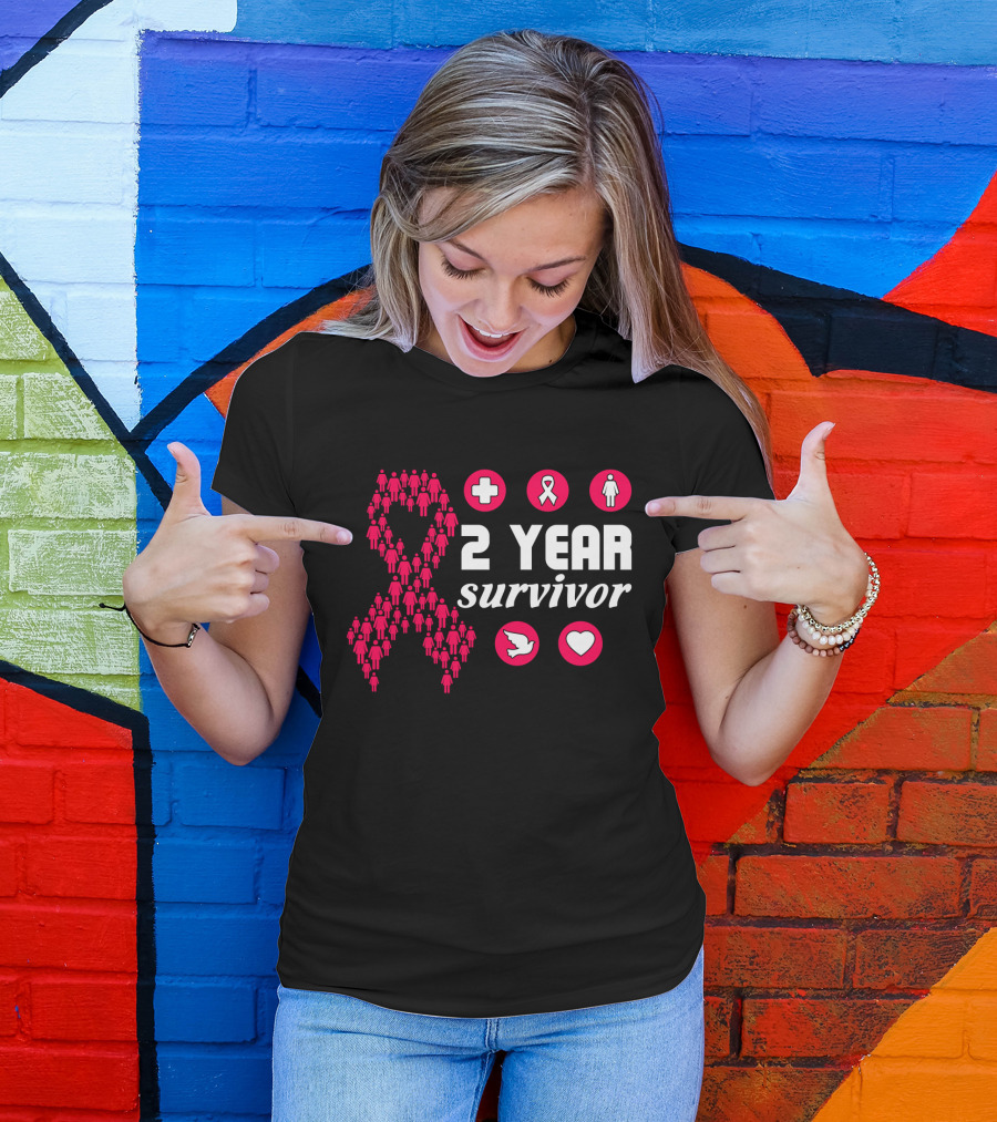 2 Year Survivor Pink Ribbon Breast Cancer Awareness Icons T-Shirt