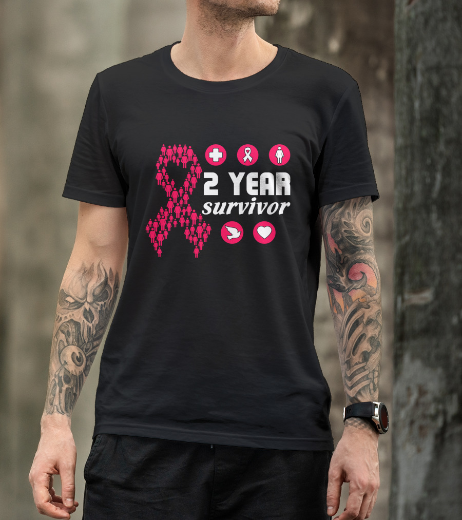 2 Year Survivor Pink Ribbon Breast Cancer Awareness Icons T-Shirt