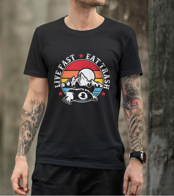 Live Fast Eat Trash Funny Raccoon Mountains Camping Retro Sunset T-Shirt