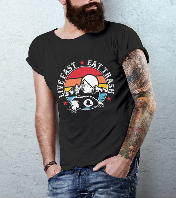 Live Fast Eat Trash Funny Raccoon Mountains Camping Retro Sunset T-Shirt