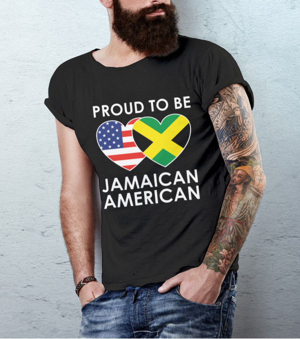 Proud To Be Jamaican American USA Flag Jamaican Flag Hearts T-Shirt