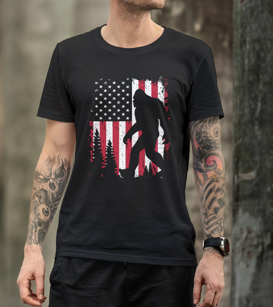 Bigfoot Walking Across American Flag With Forest T-Shirt