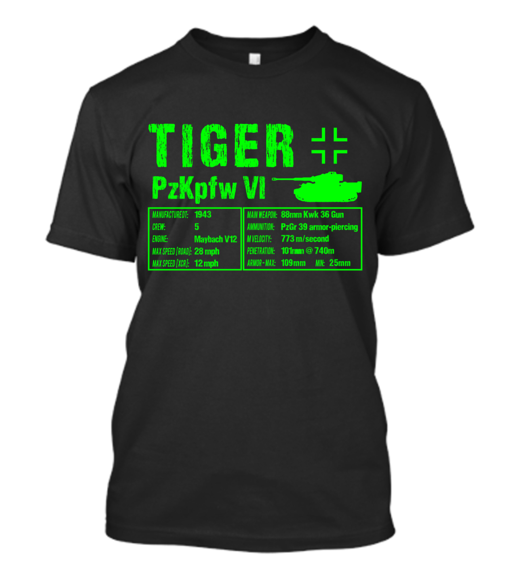 Tiger PzKpfw VI 1943 German Heavy Tank Specs With 88mm KwK 36 Gun T-Shirt