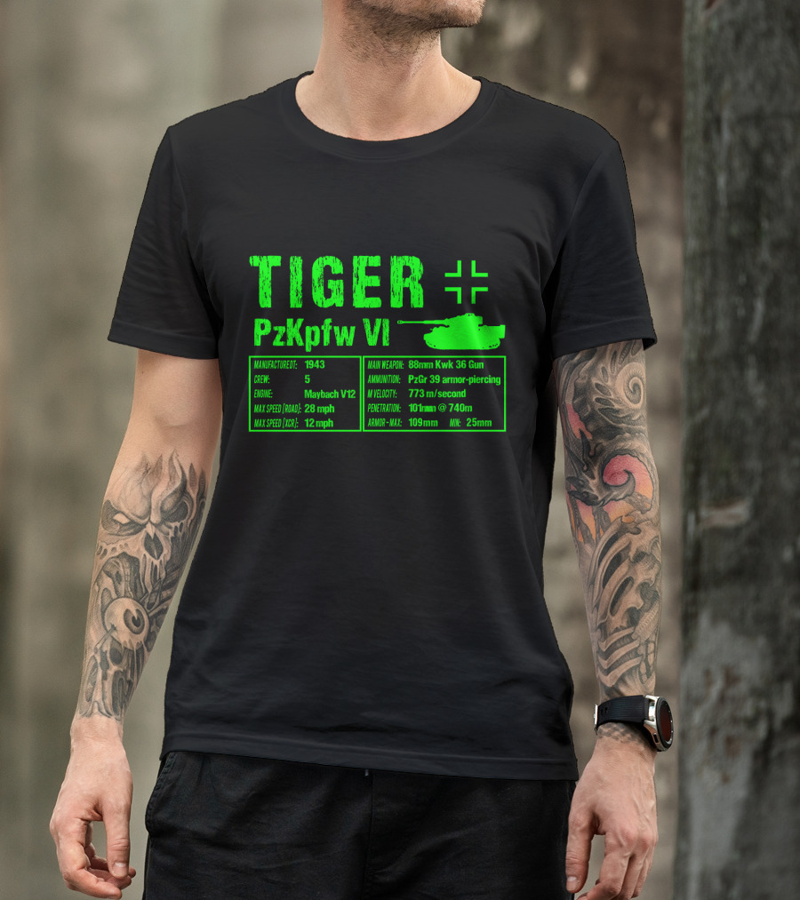 Tiger PzKpfw VI 1943 German Heavy Tank Specs With 88mm KwK 36 Gun T-Shirt