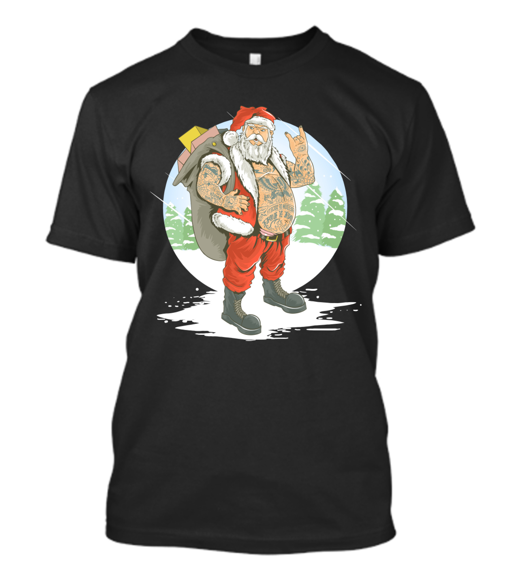 Christmas Santa Claus With Full Body Tattoo And Rock Hand Gesture T-Shirt