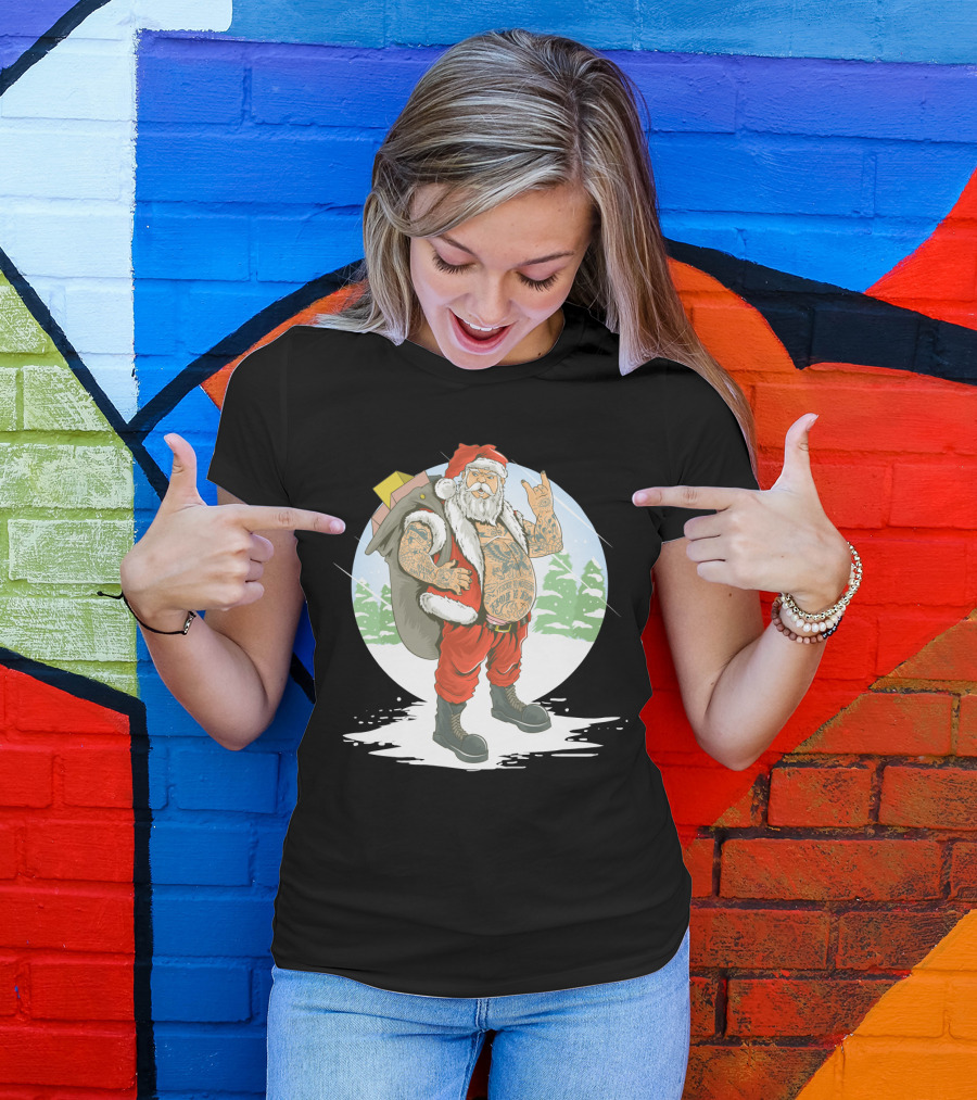Christmas Santa Claus With Full Body Tattoo And Rock Hand Gesture T-Shirt