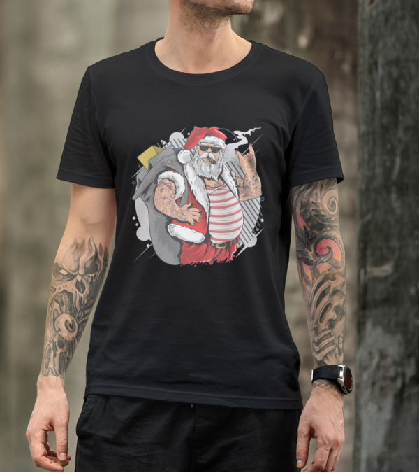 Santa Claus Merry Christmas Tattoo Rock Hand Illustrated T-Shirt