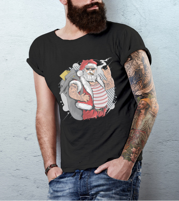 Santa Claus Merry Christmas Tattoo Rock Hand Illustrated T-Shirt