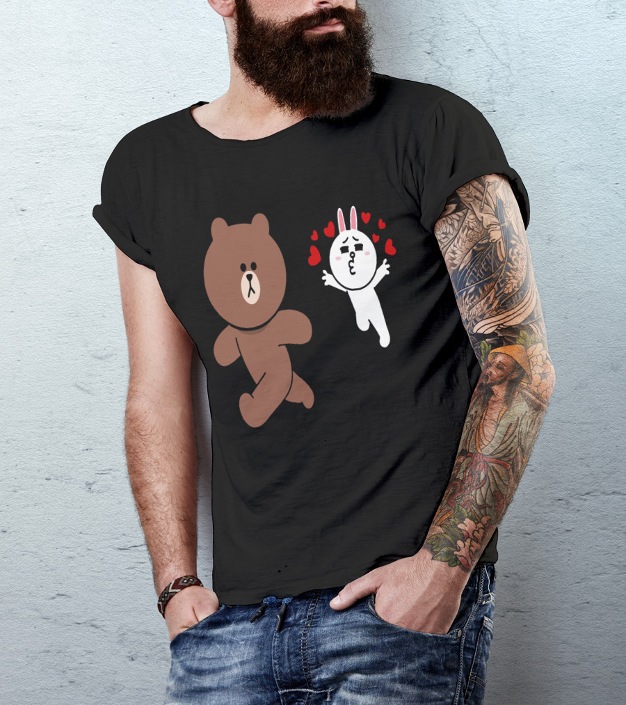 Cute Brown Bear Cony Bunny Rabbit Love Hearts Chase Valentine's Day Run T-Shirt